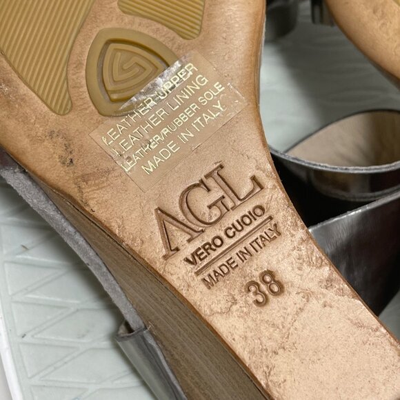 AGL Sandals Size 38 Vero Cuoio Wedge Ankle Cuff Silver Metallic Leather Boho - Picture 7 of 8